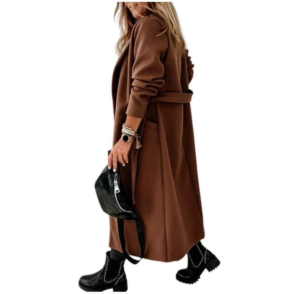 Brown Classic Coat Lapel Collar Open Front Belted Long Jacket - Picture 5 of 6